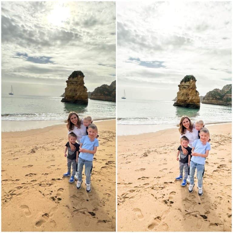 Light & Airy Preset before and after photos of mom and 3 boys