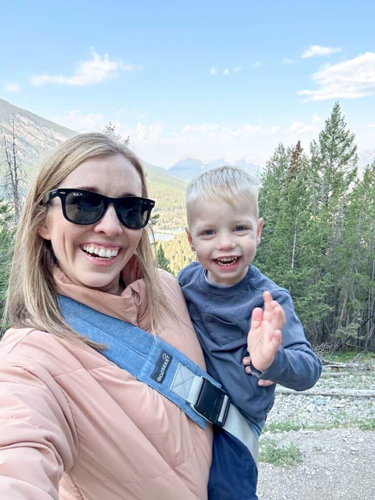 Mom and son using Gooseket sling during Banff hike with kids